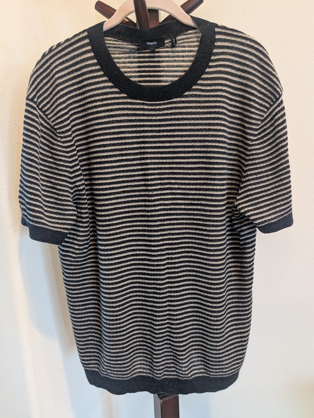 Theory Linen Blend Black and Cream Striped Short-Sleeve Knit Tee, Mens Size L